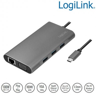 Logilink UA0383 - Docking station USB-C 3.2 Gen 1 a HDMI -VGA-LAN-USB-C PD-USB A 3.0-Audio-Card Reader