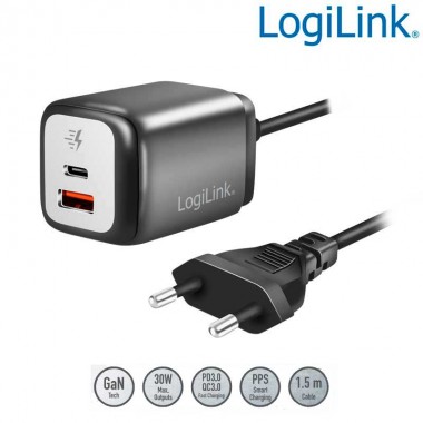 Logilink PA0314 - Adaptador de toma de corriente USB dual, USB-A y USB-C, 30W