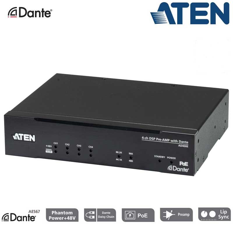 Aten AD400E - Preamplificador Mic/Line de 4 canales con DSP y salida Dante