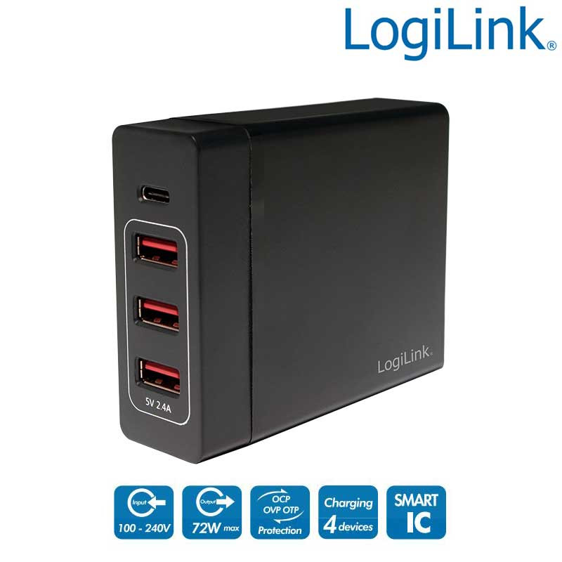 Logilink PA0122 - Cargador (220V) USB, 3 Puertos USB-A, 1 USB-C, 72 W