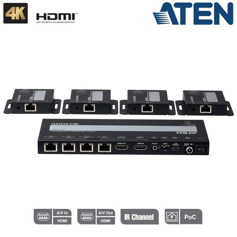 Aten VS1824KIT - Video Splitter HDMI Cat 6 4K de 4 puertos con kit de 4 receptores