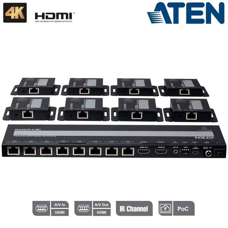 Aten VS1828KIT - Video Splitter HDMI Cat 6 4K de 8 puertos con kit de 8 receptores