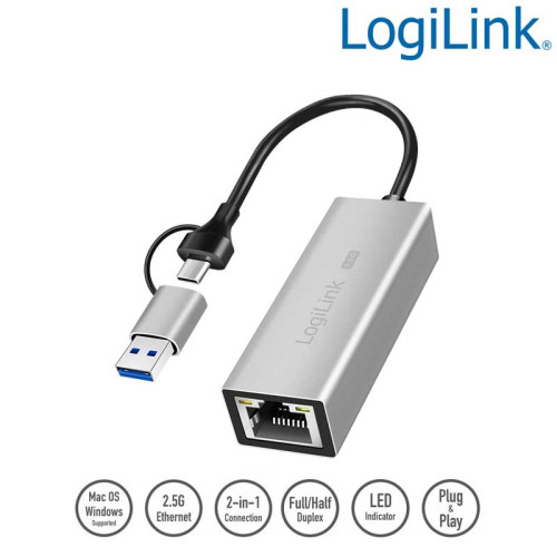 Logilink UA0422 - Cable Adaptador USB 3.1 Tipo C y A a Ethernet 2,5 G, Gris