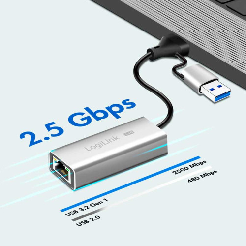 Logilink UA0422 - Cable Adaptador USB 3.1 Tipo C y A a Ethernet 2,5 G, Gris