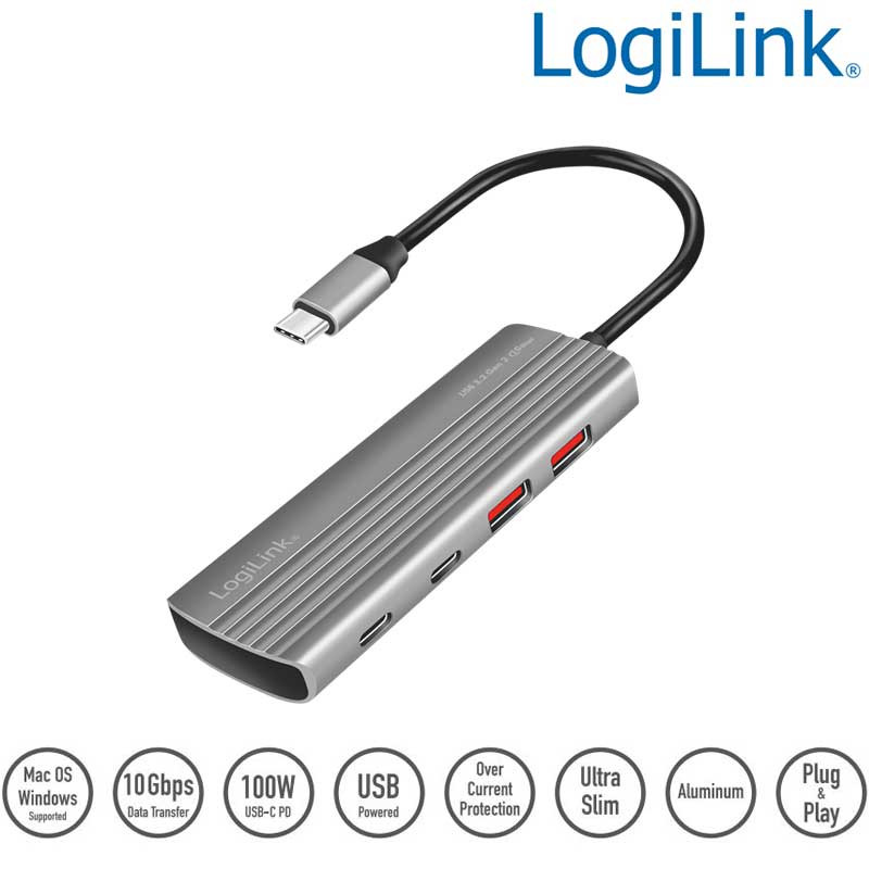 Logilink UA0413 - Hub Ultra-Slim USB-C 3.2 Gen 2 de 2 USB-A , 2 USB-C, DP 100 W, Gris