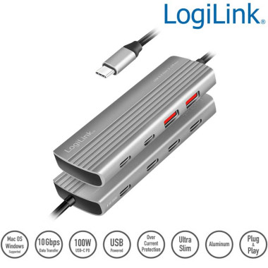 Logilink UA0414 - Hub Ultra-Slim USB-C 3.2 Gen 2 de 2 USB-A , 5 USB-C, DP 100 W, Gris