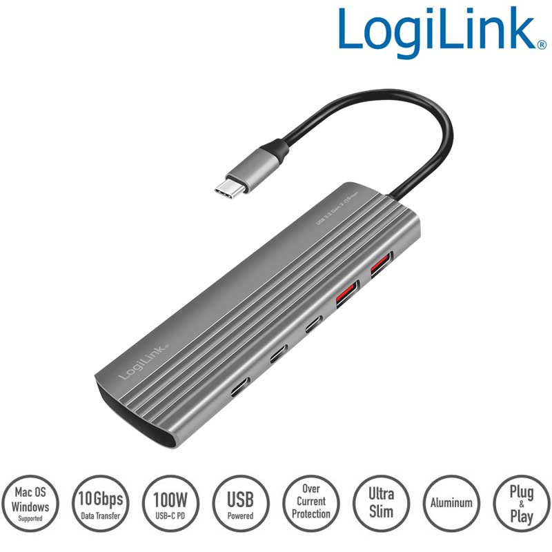 Logilink UA0415 - Hub Ultra-Slim USB-C 3.2 Gen 2 de 2 USB-A , 8 USB-C, DP 100 W, Gris