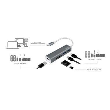 Logilink UA0305 - Hub USB-C 3.2 Gen 1 de 3 puertos USB 3.0 tipo A  con lector de tarjetas, Aluminio