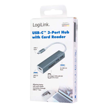 Logilink UA0305 - Hub USB-C 3.2 Gen 1 de 3 puertos USB 3.0 tipo A  con lector de tarjetas, Aluminio