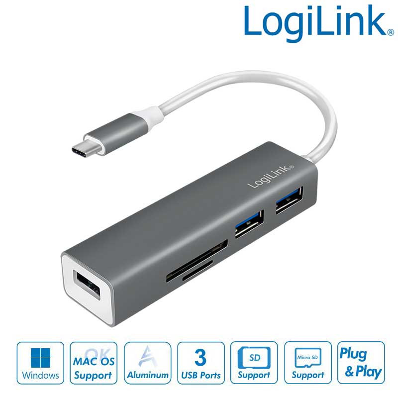 Logilink UA0305 - Hub USB-C 3.2 Gen 1 de 3 puertos USB 3.0 tipo A  con lector de tarjetas, Aluminio