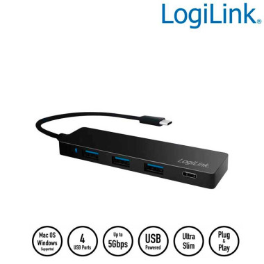 Logilink UA0311 - Hub USB-C 3.1 de 3 puertos USB 3.0 tipo A y 1 USB-C , Negro