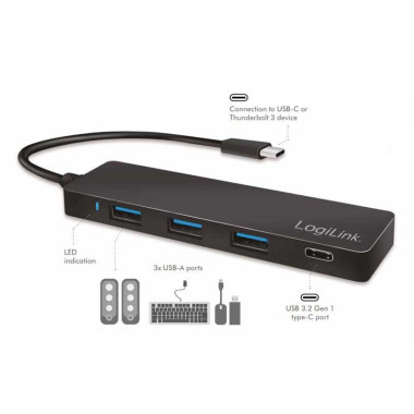 Logilink UA0311 - Hub USB-C 3.1 de 3 puertos USB 3.0 tipo A y 1 USB-C , Negro