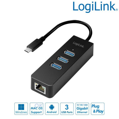 Logilink UA0283 - Cable Adaptador USB 3.1 (Tipo C) a Ethernet Gigabit, HUB de 3 puertos USB 3.0 tipo A