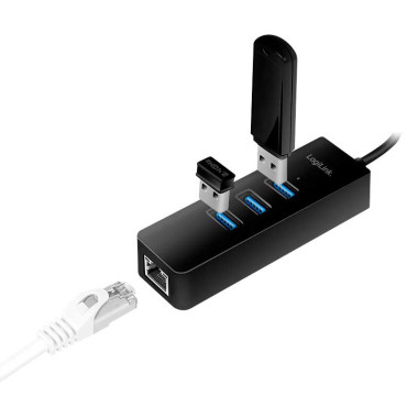 Logilink UA0283 - Cable Adaptador USB 3.1 (Tipo C) a Ethernet Gigabit, HUB de 3 puertos USB 3.0 tipo A