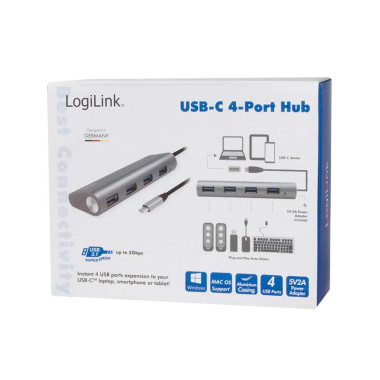 Logilink UA0309 - Hub USB-C 3.2 Gen 1 de 4 puertos USB 3.0 tipo A, Aluminio, Gris