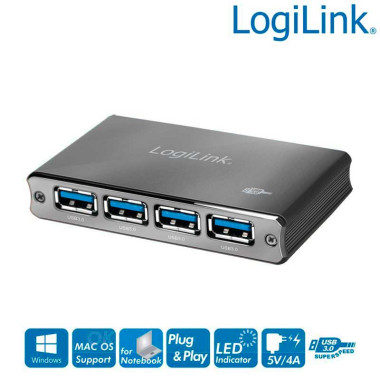 Logilink UA0282 - Hub USB 3.0 de 4 Puertos, Carcasa de Aluminio