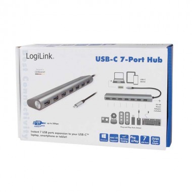 Logilink UA0310 - Hub USB-C 3.2 Gen 1 de 7 puertos USB 3.0 tipo A, Aluminio, Gris