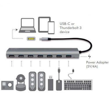 Logilink UA0310 - Hub USB-C 3.2 Gen 1 de 7 puertos USB 3.0 tipo A, Aluminio, Gris