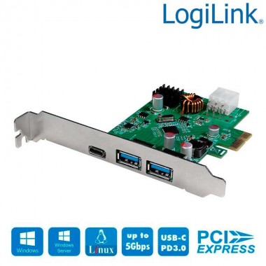 Logilink PC0090 - Tarjeta PCI Express ,USB 3.2 Gen1, 1 x USB-C PD3.0 y 2 x USB A 3.0