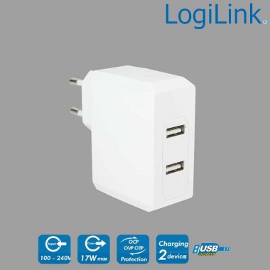 Logilink PA0094 - Cargador USB de pared de 2 puertos, 17W, Blanco