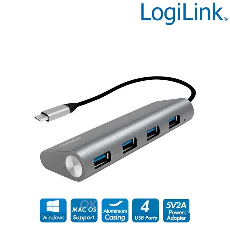 Logilink UA0309 - Hub USB-C 3.2 Gen 1 de 4 puertos USB 3.0 tipo A, Aluminio, Gris