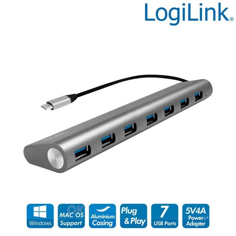 Logilink UA0310 - Hub USB-C 3.2 Gen 1 de 7 puertos USB 3.0 tipo A, Aluminio, Gris