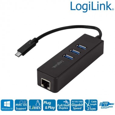 Logilink UA0283 - Cable Adaptador USB 3.1 (Tipo C) a Ethernet Gigabit, HUB de 3 puertos USB 3.0 tipo A