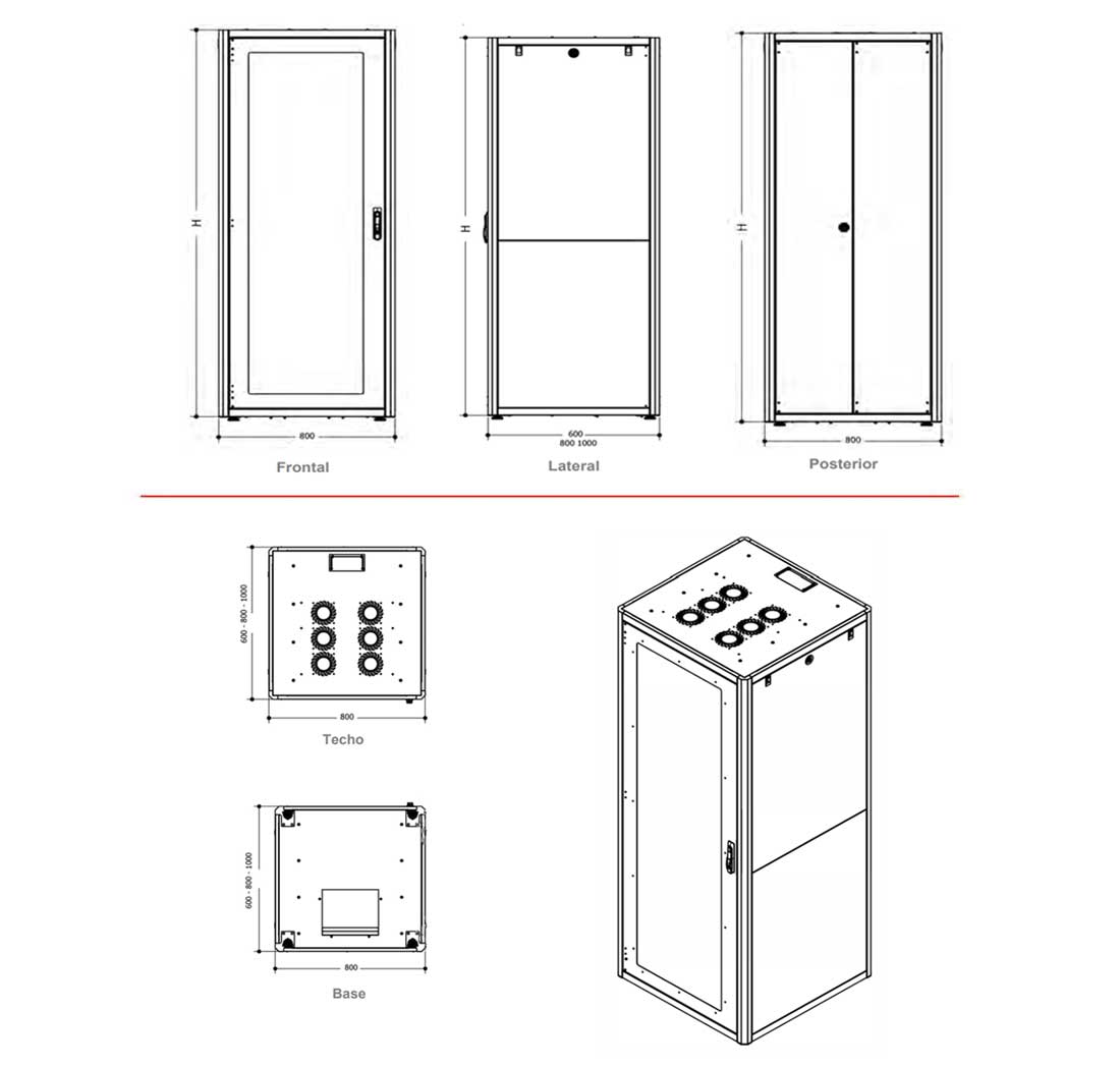 Croquis armarios rack 19" A800 de MTI en Marlex Conexion